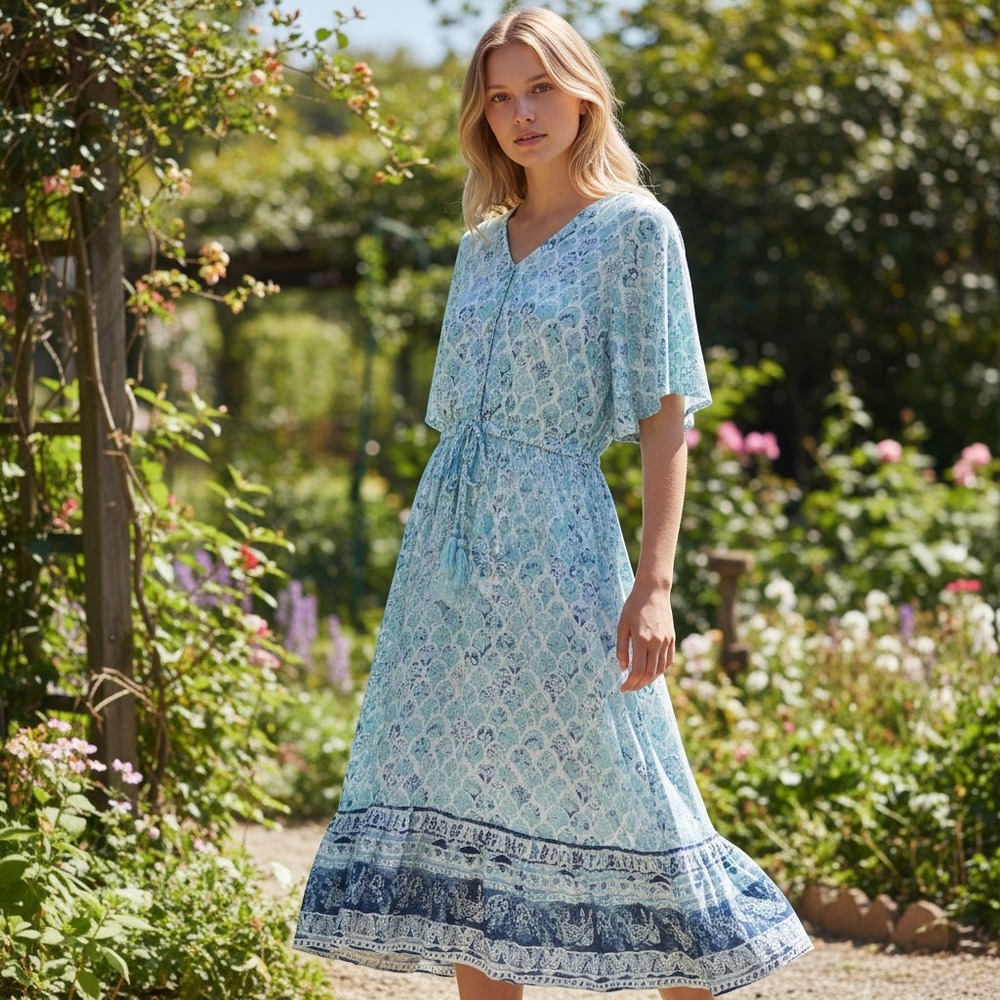 Margaux Riviera Blue White Print Viscose Maxi Dress Flutter Sleeve Size L